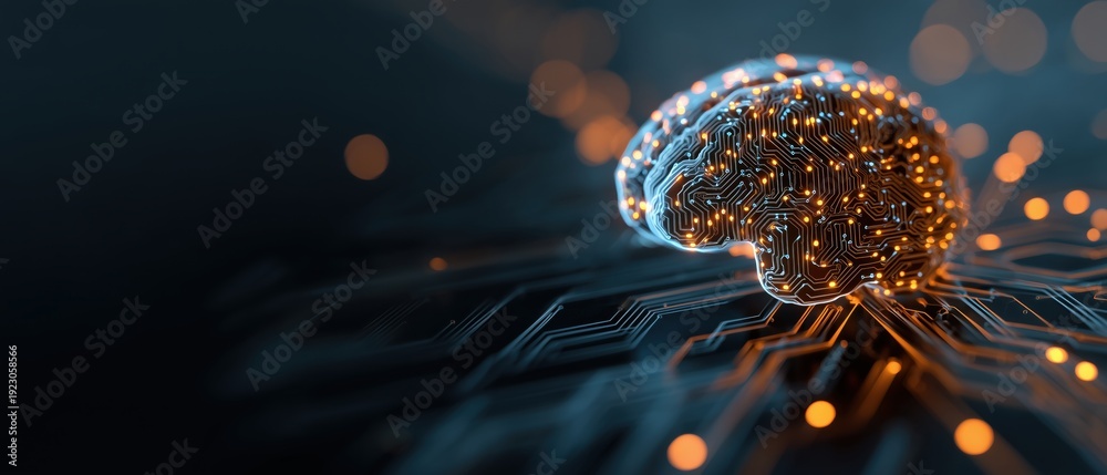 abstract digital brain on a circuit board background with copy space ...