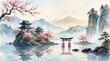 © Ali - Japanese landscape watercolor painting with traditional temples, cherry blossoms, mountains, and a torii gate reflected in calm water