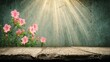 © Rena - Blooming pink flowers rest upon a rustic wooden surface against a textured teal background illuminated by soft overhead light rays.