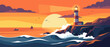 © UDAfsana - Flat vector illustration of a scenic lighthouse standing on rocky cliffs at sunset with crashing ocean waves, a large sun, seagulls, and distant boats in a vibrant orange and purple coastal sky.