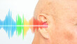 © kittyfly - man aging ear closeup listening, sound wave, acoustics Auditory System, Hearing Test, Cochlear implant, Assistive listening device, use hearing aids, primary sensory organ receiving information