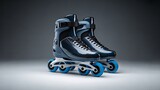 Modern inline roller skates isolated on dark background with blue wheels
