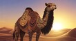 © Udut - Ornate Camel Standing in Desert Landscape at Sunset.
