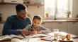 © Pixel By Bi - A happy father helps his young daughter with her homework at the kitchen table, fostering a positive learning environment at home.