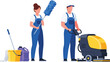 © Sanjida - Professional Cleaning Team with Industrial Floor Scrubber and Janitorial Equipment, Commercial Sanitation Workers Performing Maintenance and Hygiene Services Illustratio