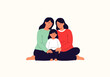 © DevanAlfaris - Flat design illustration vector of two women and a child sitting together in a warm, minimalist setting.