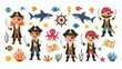 © Emon - Collection of cute pirate characters with nautical elements like sharks, octopus, treasure maps, and gold coins for children design.