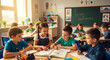 © BornHappy - Group of young students sitting at desks in a classroom looking at a book together