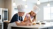 © AspctStyle - Happy boy and girl children wearing chef hats decorating a homemade cake on a modern kitchen island with copy space for a fun baking activity.