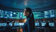 © Lightning - Serious female data scientist in glasses standing in a high-tech control room surrounded by multiple screens displaying complex code and analytics