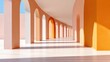 © InteriVio - Architectural abstract, row of terracotta arches, sunlight creating rhythmic shadows on the floor, mediterranean minimalism, background for text