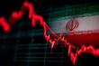 © Kdhtdg - Dramatic red stock market candlestick chart overlaid with Iran flag indicating financial downturn and economic crisis on dark background