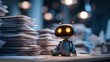 © Khalid - Cute small ai robot with glowing eyes sitting beside messy stack of office documents on desk, concept of artificial intelligence overload, digital assistant managing paperwork, automation stress, mode