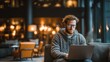 © PZPIXEL.AI - Focused Young Man Working on Laptop in Modern Lounge generated by AI
