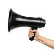 © SAYEDA - A person holding a large black megaphone against a white background isolated on transparent background