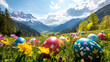 © Fang - Colorful Easter eggs decorate a flowery meadow with mountain scenery
