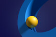 © Cagkan - Yellow sphere rolling on blue geometric curve. Motion, equilibrium, movement or stability.