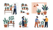 © Lamiya - Collection of scenes featuring people taking care of various houseplants to maintain a beautiful indoor home garden environment.