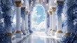 © Nuzhat - Enchanting Palace Corridor with Ornate Columns, Blue Floral Vines, and Archway to a Sky