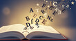 © 35 - Open book with letters and stars flying out symbolizing learning and imagination in a magical atmosphere