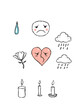 © Erin - Symbolic Sorrow Icons. Sorrow. Hand-drawn doodle illustration sorrow tear, broken heart, sad face, wilted flower, rain cloud, candle, dark cloud, drooping