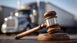 © OngCaLucK - Close-Up of Judge's Gavel with Blurred Background of Trucking Industry, Symbolizing Law and Transportation Regulation Context