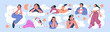 © Good Studio - Dreaming hopeful smiling people floating in sky clouds. Men and women dreamers with hopes, thoughts, ideas. Happy dreamy characters dream, imagine, making wish, daydreaming. Flat vector illustration