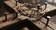 © Shah Zain - A crown of thorns lies on a wooden cross with nails and blood