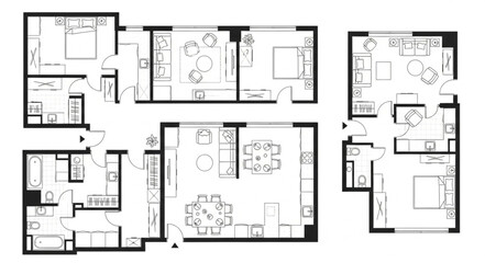 Naklejka na meble Detailed architectural floor plan showcasing diverse apartment layouts and room arrangements.