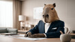 © pattozher - Capybara in Business Attire: A capybara, dressed in a sharp suit, exudes a unique charm and unexpected gravitas in a professional setting. The image portrays an office scene.