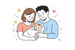 © Coosh448 - Baby announcement. A friendly editorial illustration of parents holding a baby bundle, with gentle smiles and calm body language. The scene expresses love,