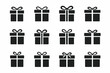© Viacheslav - Minimal gift box. Solid icon set of Minimal gift box: simple gift box, clean ribbon bow, plain wrapped box, minimal present, flat ribbon,
