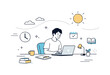 © Влада Яковенко - Young man working on laptop at desk with books, clock, and calendar icons symbolizing productivity