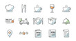 © Aku - A collection of illustrated restaurant and food delivery related icons on a white background