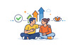 © Влада Яковенко - Emotional growth supported by close friendship friends sitting and talking beside abstract progress symbols like arrows and dots,