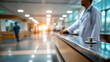 © Валентина Егоровна З - Blurred perspective long bright hospital corridor, faceless lone doctor in white coat walking, defocused reception desk, toward light, clinical environment, with copy space