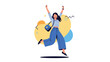 © Michael - Cheerful young woman jumping excitedly for joy with arms raised against an abstract colorful background representing success.