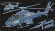 © Stock Image Paradise - Detailed vehicle autocad blueprint of a helicopter displayed with various parts and missiles on a dark background from a slightly angled viewpoint