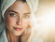 © MAGNIFIER - Skincare radiant complexion illuminated by soft rays symbolizing healthy routine confidence boost and pressure of perfection selective focus clean beauty theme vibrant Overlay spa interior backdrop.