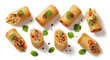 © Siam - A delicious arrangement of spring rolls with vibrant toppings on a white background.