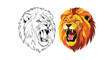 © Hussain - Detailed vector illustration showcasing a comparison between a fierce roaring lion head outline drawing and a vibrant full color graphic design portrait.