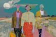© VICHIZH - Abstract painting of three faceless people walking on a rural path under a large moon with colorful clothing and textured landscape in an artistic style.