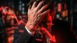© tsinik - Trader looking at falling red graphs. Double exposure effect of stress and economic failure. Stock market loss concept.