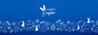 © top dog - Happy easter banner with hand drawn icons. White outline elements on blue background. Festive spring greeting composition