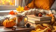 © Gigi - Cozy autumn scene with pumpkin, mug, books, pinecones, and colorful leaves arranged on a wooden surface near a window