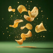 © Yevhen - Crispy potato chips floating in the air with seasoning under bright lights in a playful culinary scene