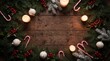 © LIA - Cozy Christmas Wreath with Candles and Candy Canes on Rustic Wood.