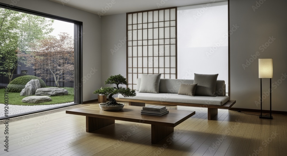 Modern Japanese-Inspired Living Room with Tranquil Zen Garden View and ...