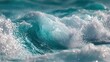 © Игорь Бондаренко - powerful turquoise ocean wave crashing dynamically, white foam forming and sunlight reflecting off vibrant water textures, shallow depth of field emphasizing wave motion and spray
