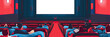 © Perfect Vector - retro movie theater interior with audience watching film on large screen vintage cinema seats people in dark flat vector illustration